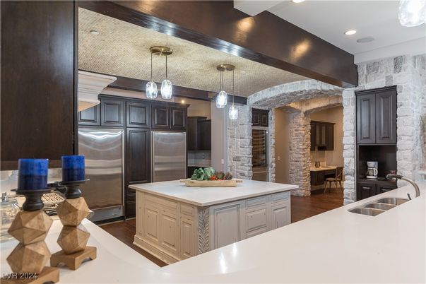 Interior, Kitchen, Pendant Lights, Recessed Lighting, Stainless Steel Appliances, Stone Walls, Wood Texture Flooring