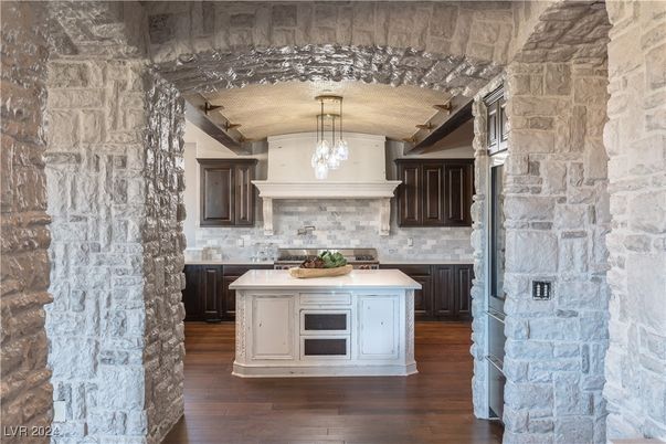 Interior, Kitchen, Pendant Lights, Stone Walls, Wood Texture Flooring