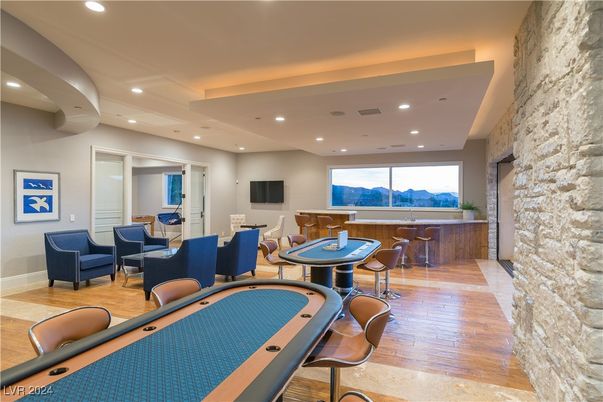 Billiard Table, Game Room, Interior, Living room, Recessed Lighting, Stone Walls, Wood Texture Flooring