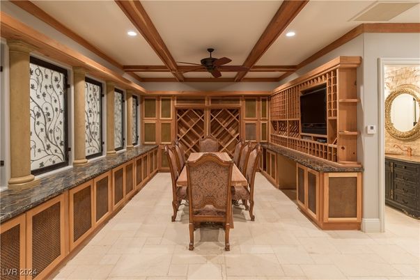 Dining room, Interior, Recessed Lighting, Wooden Beams