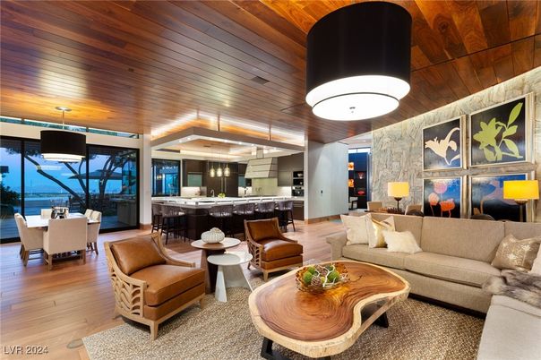Dining room, Interior, Kitchen, Living room, Pendant Lights, Wooden Ceilings, Wood Texture Flooring