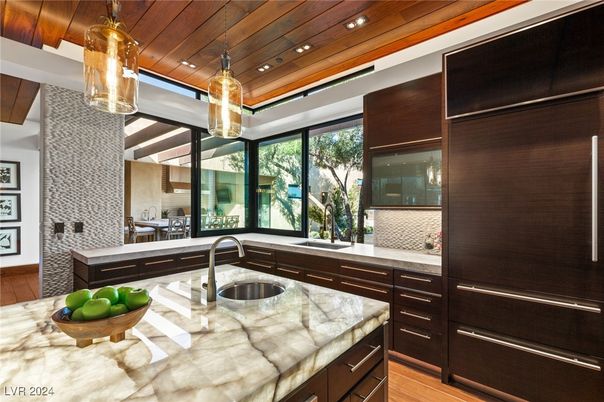 Interior, Kitchen, Pendant Lights, Recessed Lighting, Stainless Steel Appliances, Wooden Ceilings, Wood Texture Flooring