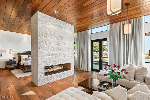 Bedroom, Fireplace, Interior, Living room, Pendant Lights, Recessed Lighting, Wooden Ceilings, Wood Texture Flooring