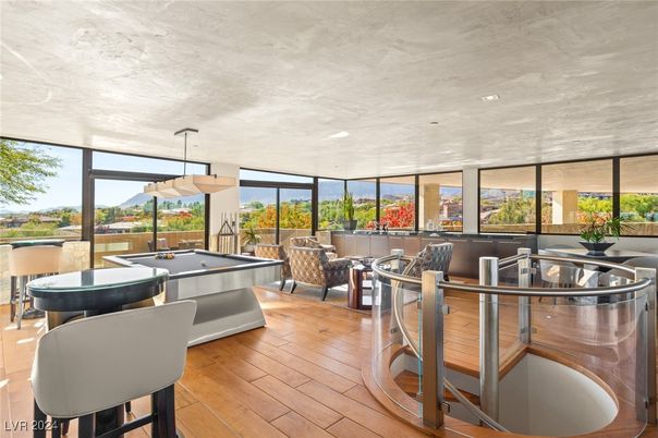 Billiard Table, Game Room, Interior, Pendant Lights, Recessed Lighting, Wood Texture Flooring