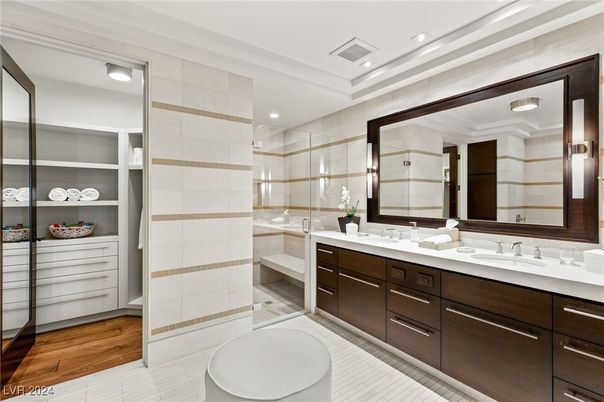 Bathroom, Dual Sink Vanities, Glass Shower, Interior, Recessed Lighting, Wood Texture Flooring