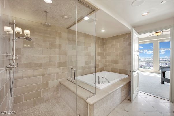 Bathroom, Glass Shower, Interior, Recessed Lighting, Stone Walls