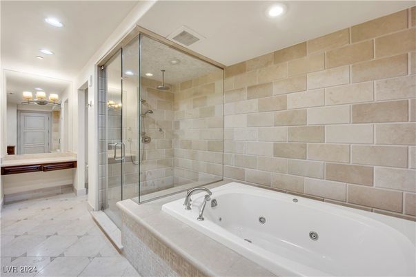 Bathroom, Glass Shower, Interior, Recessed Lighting, Stone Walls