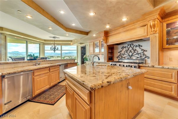 Chandelier, Interior, Kitchen, Recessed Lighting, Stainless Steel Appliances, Wooden Beams