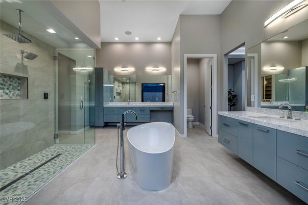 Bathroom, Dual Sink Vanities, Free Standing Baths, Glass Shower, Interior, Recessed Lighting