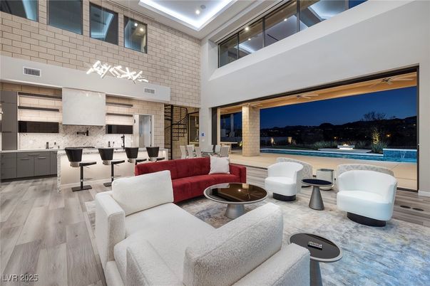 Interior, Kitchen, Living room, Recessed Lighting, Stone Walls, Wood Texture Flooring