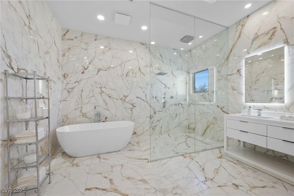 Bathroom, Free Standing Baths, Glass Shower, Interior, Marble, Marble Walls, Recessed Lighting