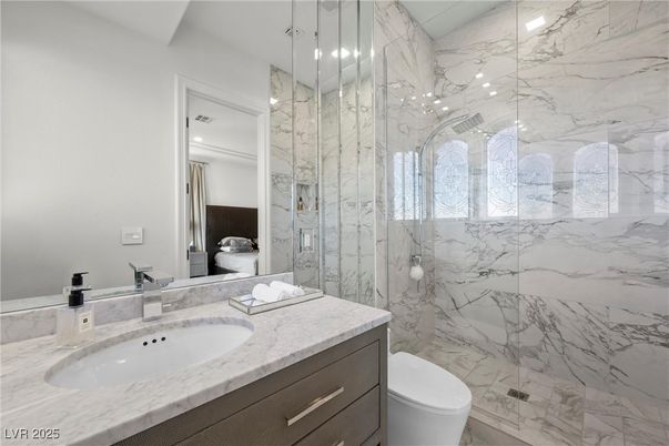 Bathroom, Glass Shower, Interior, Marble, Marble Walls, Recessed Lighting