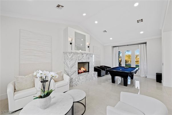 Billiard Table, Fireplace, Game Room, Interior, Living room, Recessed Lighting