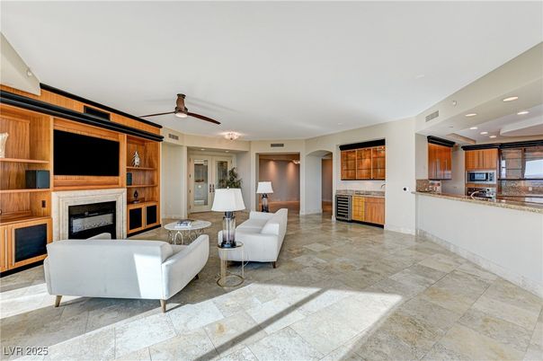 Fireplace, Interior, Kitchen, Living room, Recessed Lighting, Stainless Steel Appliances