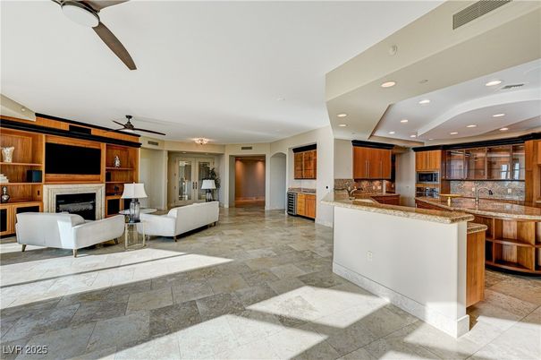 Fireplace, Interior, Kitchen, Living room, Recessed Lighting