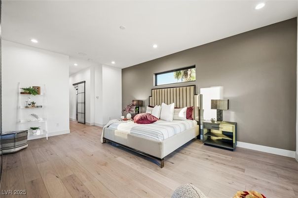 Bedroom, Interior, Recessed Lighting, Wood Texture Flooring