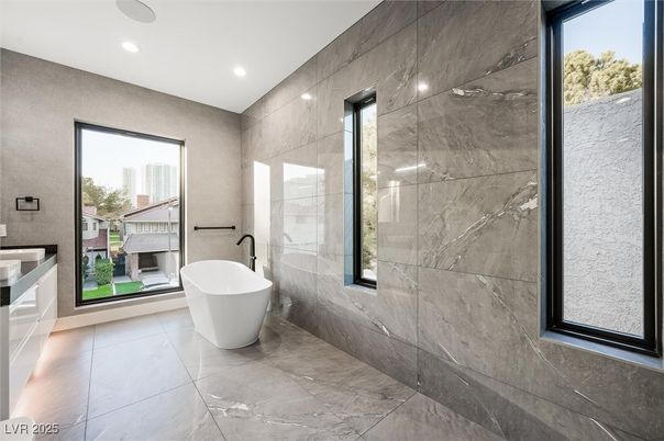 Bathroom, Free Standing Baths, Glass Shower, Interior, Marble, Marble Walls, Recessed Lighting