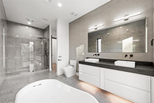 Bathroom, Dual Sink Vanities, Glass Shower, Interior, Recessed Lighting