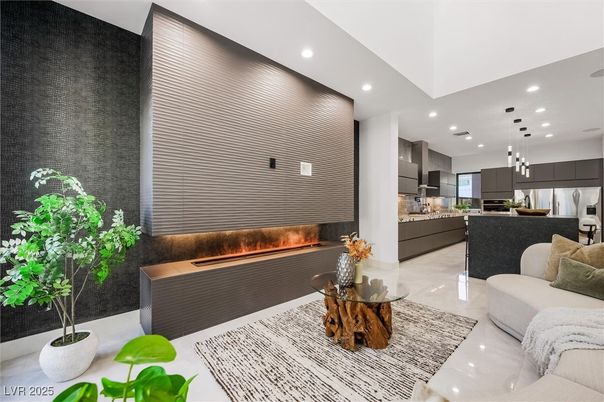 Fireplace, Interior, Kitchen, Living room, Pendant Lights, Recessed Lighting, Stainless Steel Appliances