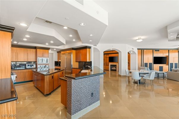 Dining room, Fireplace, Interior, Kitchen, Living room, Recessed Lighting, Stainless Steel Appliances