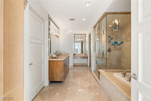 Bathroom, Dual Sink Vanities, Glass Shower, Interior, Recessed Lighting