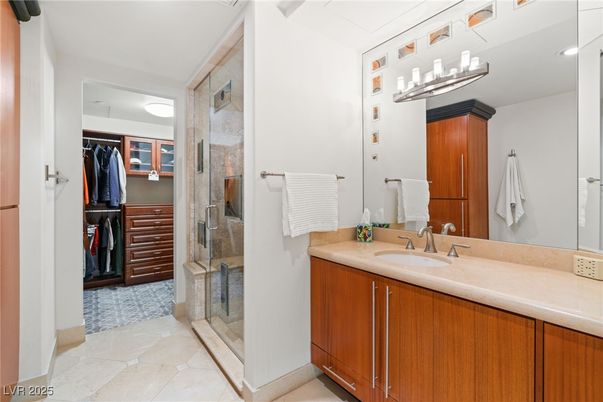 Bathroom, Dual Sink Vanities, Glass Shower, Interior, Recessed Lighting, Walk-in Closets