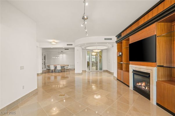 Dining room, Fireplace, Interior, Pendant Lights