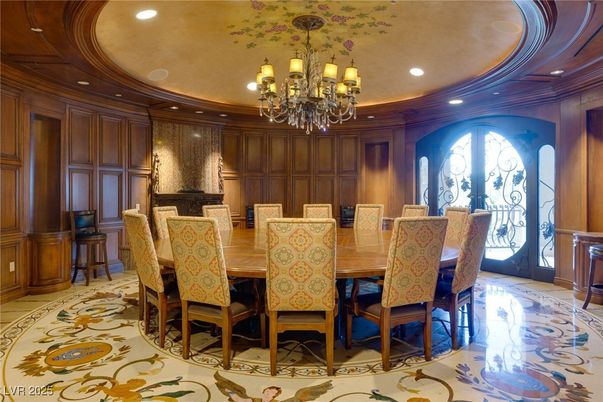 Chandelier, Dining room, Interior, Recessed Lighting, Wooden Walls