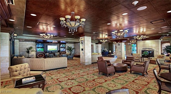 Chandelier, Fireplace, Interior, Living room, Recessed Lighting, Stone Walls