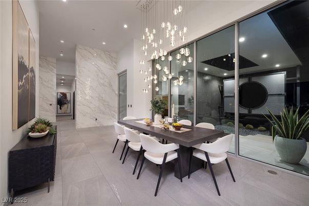 Dining room, Interior, Marble Walls, Pendant Lights, Recessed Lighting