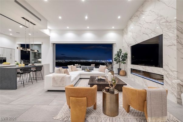 Fireplace, Interior, Living room, Marble Walls, Pendant Lights, Recessed Lighting