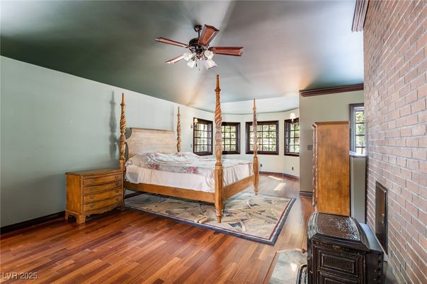 Bedroom, Fireplace, Interior, Stone Walls, Wood Texture Flooring