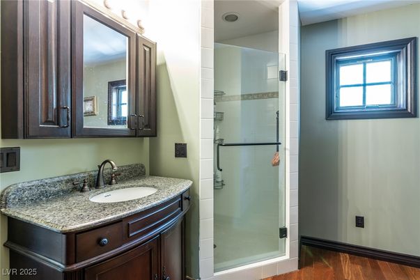Bathroom, Glass Shower, Interior, Wood Texture Flooring