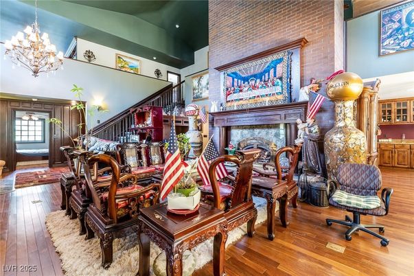 Chandelier, Dining room, Fireplace, Interior, Stone Walls, Wood Texture Flooring