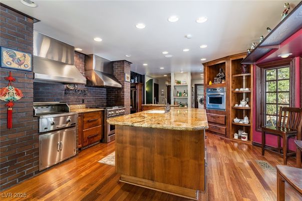 Interior, Kitchen, Recessed Lighting, Stainless Steel Appliances, Stone Walls, Wood Texture Flooring
