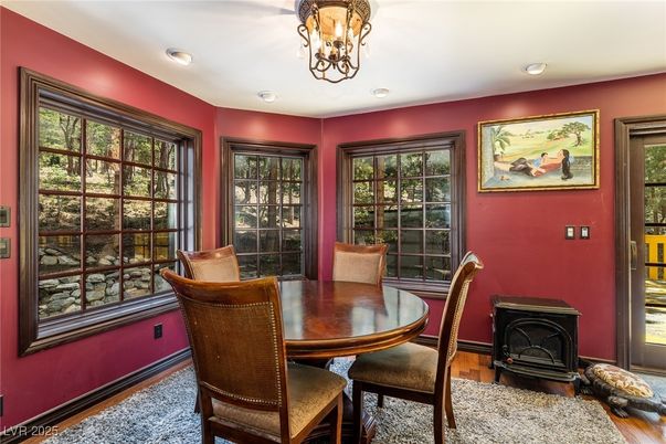 Chandelier, Dining room, Interior, Recessed Lighting, Wood Texture Flooring