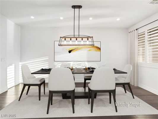 Dining room, Interior, Pendant Lights, Recessed Lighting, Wood Texture Flooring