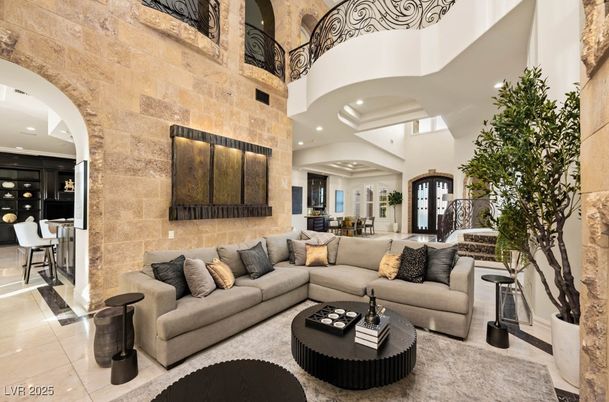 Dining room, Interior, Living room, Recessed Lighting, Stone Walls