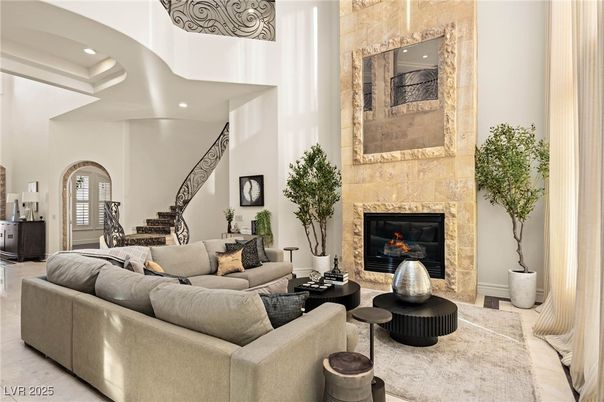 Fireplace, Interior, Living room, Recessed Lighting, Stone Walls