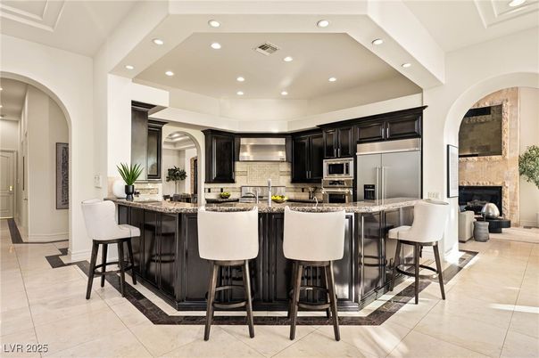 Fireplace, Interior, Kitchen, Recessed Lighting, Stainless Steel Appliances