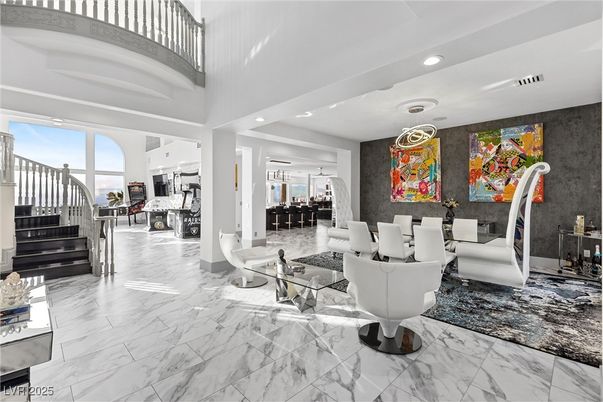Dining room, Fireplace, Interior, Living room, Marble, Recessed Lighting