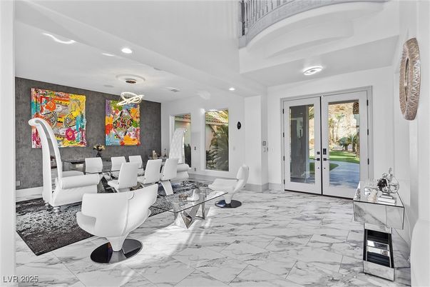 Dining room, Fireplace, Interior, Living room, Marble, Pendant Lights, Recessed Lighting