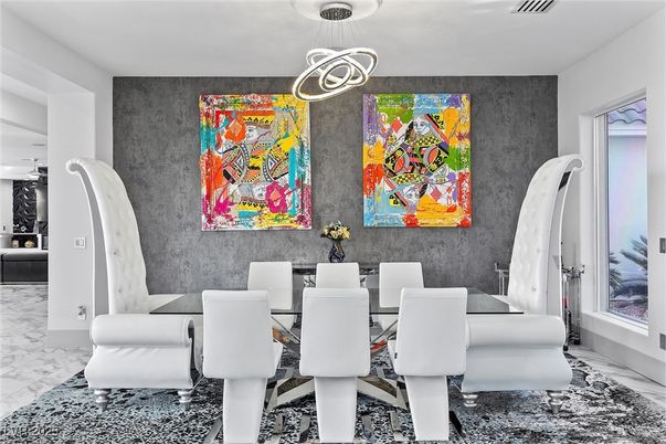 Dining room, Interior, Marble, Pendant Lights