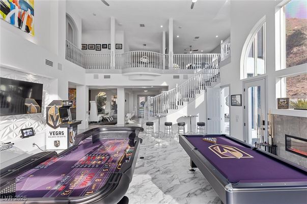 Billiard Table, Fireplace, Game Room, Interior, Marble, Recessed Lighting