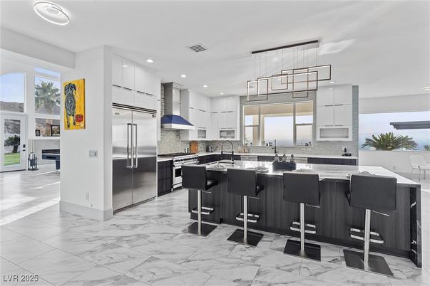 Interior, Kitchen, Marble, Pendant Lights, Recessed Lighting, Stainless Steel Appliances