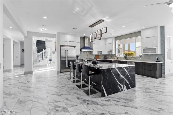Interior, Kitchen, Marble, Pendant Lights, Recessed Lighting, Stainless Steel Appliances