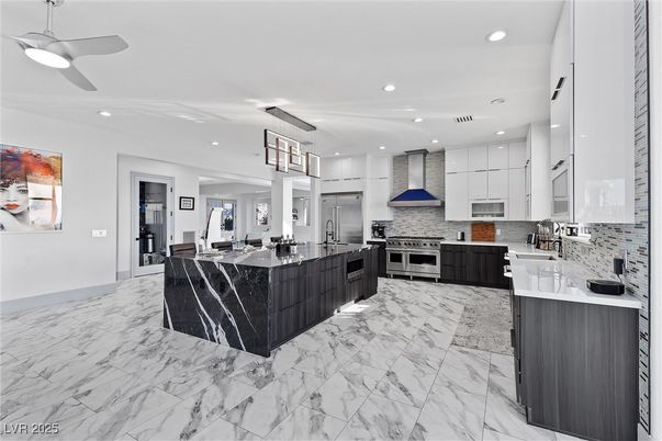 Interior, Kitchen, Marble, Pendant Lights, Recessed Lighting, Stainless Steel Appliances