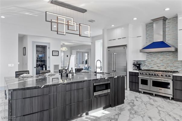 Interior, Kitchen, Marble, Pendant Lights, Recessed Lighting, Stainless Steel Appliances