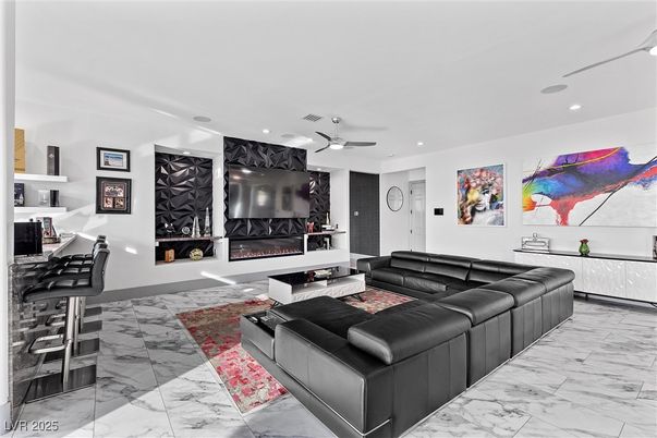 Fireplace, Interior, Living room, Marble, Recessed Lighting
