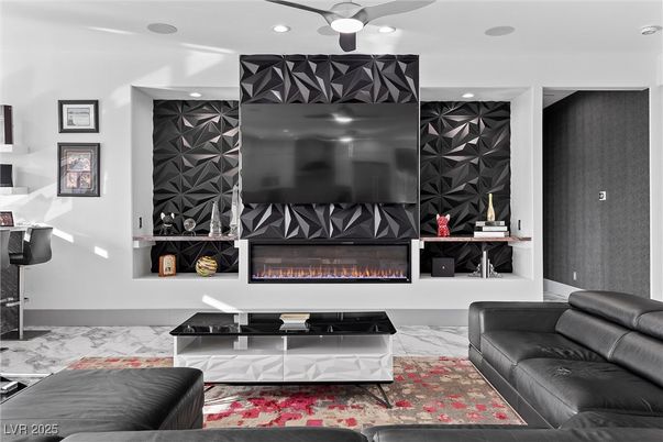 Fireplace, Interior, Living room, Marble, Recessed Lighting